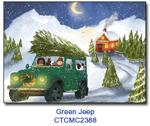 Green Jeep Holiday card supporting Connecticut Children's 